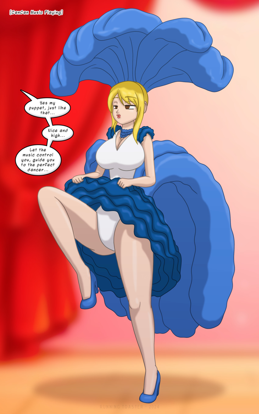 blonde_hair brown_eyes dancer dancing empty_eyes expressionless fairy_tail femsub high_heels hypnotic_audio hypnotic_music leotard lucy_heartfilia runningtoaster short_hair showgirl skirt skirt_lift