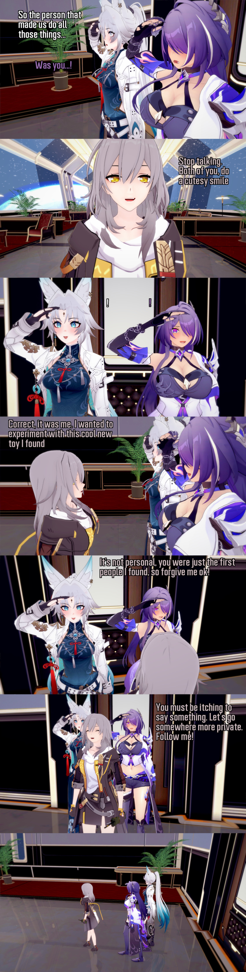 absurdres acheron_(honkai_star_rail) animal_ears aware blue_eyes body_control brown_eyes closed_eyes clothed confused dialogue english_text feixiao_(honkai_star_rail) female_only femdom femsub fox_ears fox_girl fox_tail grey_hair hair_covering_one_eye honkai_star_rail long_hair multiple_girls multiple_subs pink_eyes purple_hair saluting short_hair smile stelle_(honkai_star_rail) tail text white_hair zenin1