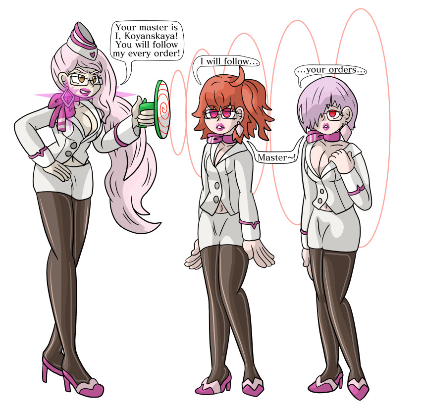 absurdres ahoge alternate_costume beret breasts choker cleavage clothed cosplay costume dialogue earrings english_text eye_color_change fate/grand_order fate_(series) female_only femdom femsub glasses glowing hair_covering_one_eye hand_on_head hand_on_hip hat heart high_heels hypno_beam jewelry jimmy_neutron_(series) koyanskaya large_breasts leaning_forward leggings makeup mashu_kyrielight navel orange_hair pink_hair protoybonnie purple_lipstick red_eyes ritsuka_fujimaru_(female) short_hair simple_background speech_bubble spiralwash_eyes tech_control text tight_clothing transparent_background very_long_hair yellow_eyes