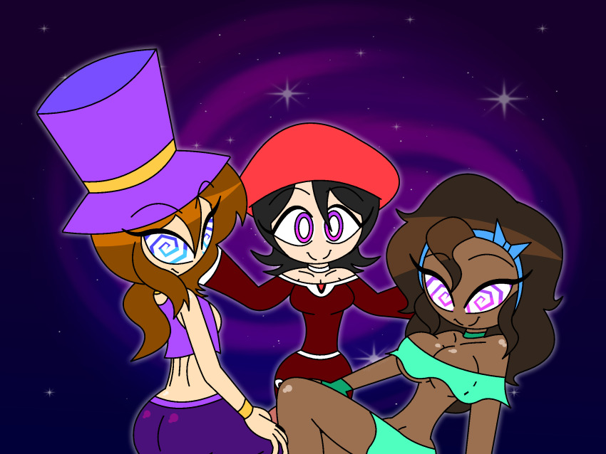 a_hat_in_time adeleine aged_up alternate_costume alternate_hairstyle ass aura bare_legs bare_shoulders black_hair bow bow_kid breasts brown_hair choker cleavage clothed crossover dark_skin dress eye_color_change female_only femdom femsub from_behind happy_trance hat hat_adult hat_kid headband hypnoscream kirby_(series) large_ass large_breasts legs long_hair looking_at_viewer looking_back midriff navel nintendo purple_eyes smile sparkle spiral_background spiralwash_eyes story thighs very_long_hair