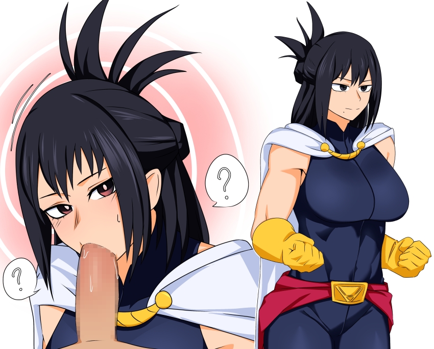 abs black_eyes black_hair censored clothed confused fellatio femsub instant_loss maledom milf mole muscle_girl my_hero_academia nana_shimura oral penis ryuugu simple_background spiral white_background