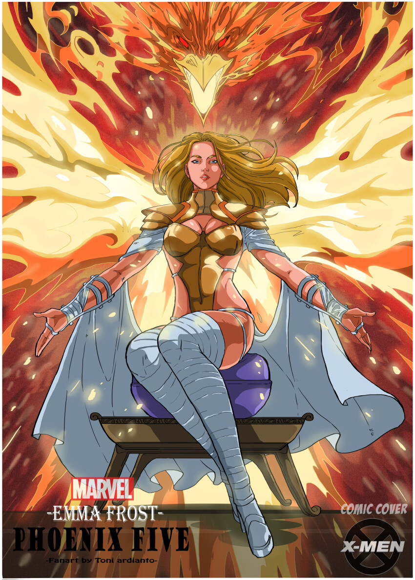 alternate_costume angry bird blonde_hair blue_eyes breasts cleavage cleavage_cutout corruption emma_frost english_text femsub flame long_hair looking_at_viewer marvel_comics phoenix phoenix_force possession red_eyes sitting text thigh_boots thighhighs thighs toni_ardianto x-men