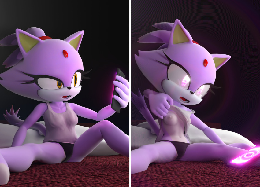 3d accidental_hypnosis bed before_and_after blaze_the_cat breasts cat_girl female_only femsub furry glowing_eyes nipples open_mouth phone pink_eyes purple_skin shirt_lift sitting sonic_the_hedgehog_(series) spiral spiral_eyes spiralrose23 tank_top thong yellow_eyes