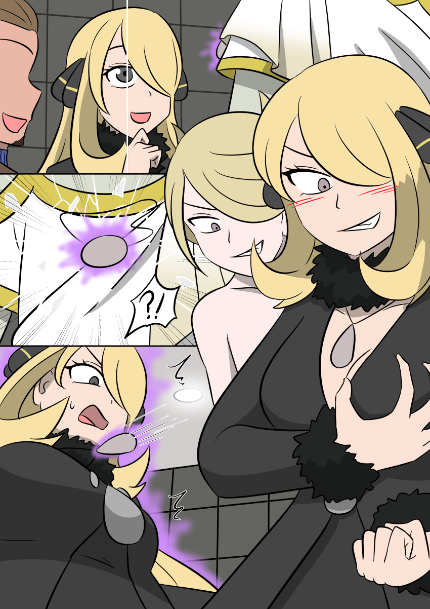 absurdres aura black_eyes blonde_hair blush breast_fondling breast_grab brown_hair character_request clothed corruption cynthia evil_smile eye_color_change faceless_male femsub goatee grey_eyes hair_covering_one_eye happy_trance holding_breasts hypnotic_accessory living_costume maledom necklace nintendo no_eyes open_mouth pokemon pokemon_diamond_pearl_and_platinum pokemon_legends_arceus pokemon_legends_z-a possession smile surprised vel very_long_hair volo_(pokemon)