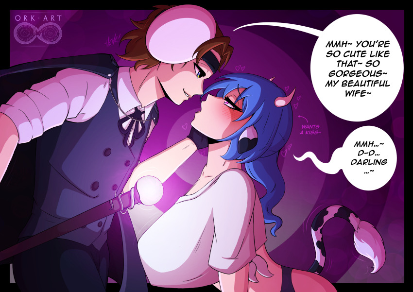 blue_hair blush brown_hair cow_girl daisy_(wyvernknight) dialogue english_text femsub gloves heart_eyes horns husband_and_wife hypnotic_accessory love maledom mask original ork_(orkart) orkart panties pink_hair shirt suit tail text