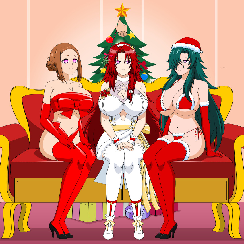 absurdres bikini bow breasts brown_hair christmas christmas_tree cleavage couch female_only femsub gift green_hair hair_covering_one_eye happy_trance heart_eyes high_heels iris_midgar jimryu kaii_to_otome_to_kamikakushi large_breasts mistletoe multiple_girls multiple_subs naked_ribbon navel opera_gloves phantom_hand red_hair ribbon rose_(twwtuhm) santa_hat short_hair simple_background sitting smile sumireko_ogawa the_eminence_in_shadow the_wrong_way_to_use_healing_magic thighhighs very_long_hair