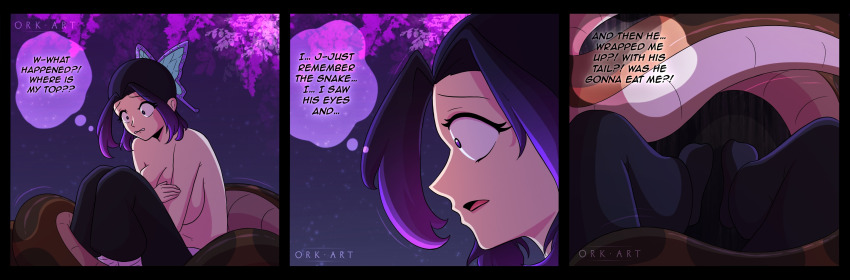 black_hair butterfly comic demon_slayer disney english_text hair_ornament hypnotic_eyes kaa multicolored_hair multiple_views orkart outdoors purple_hair shinobu_kocho signature sitting snake text the_jungle_book trees