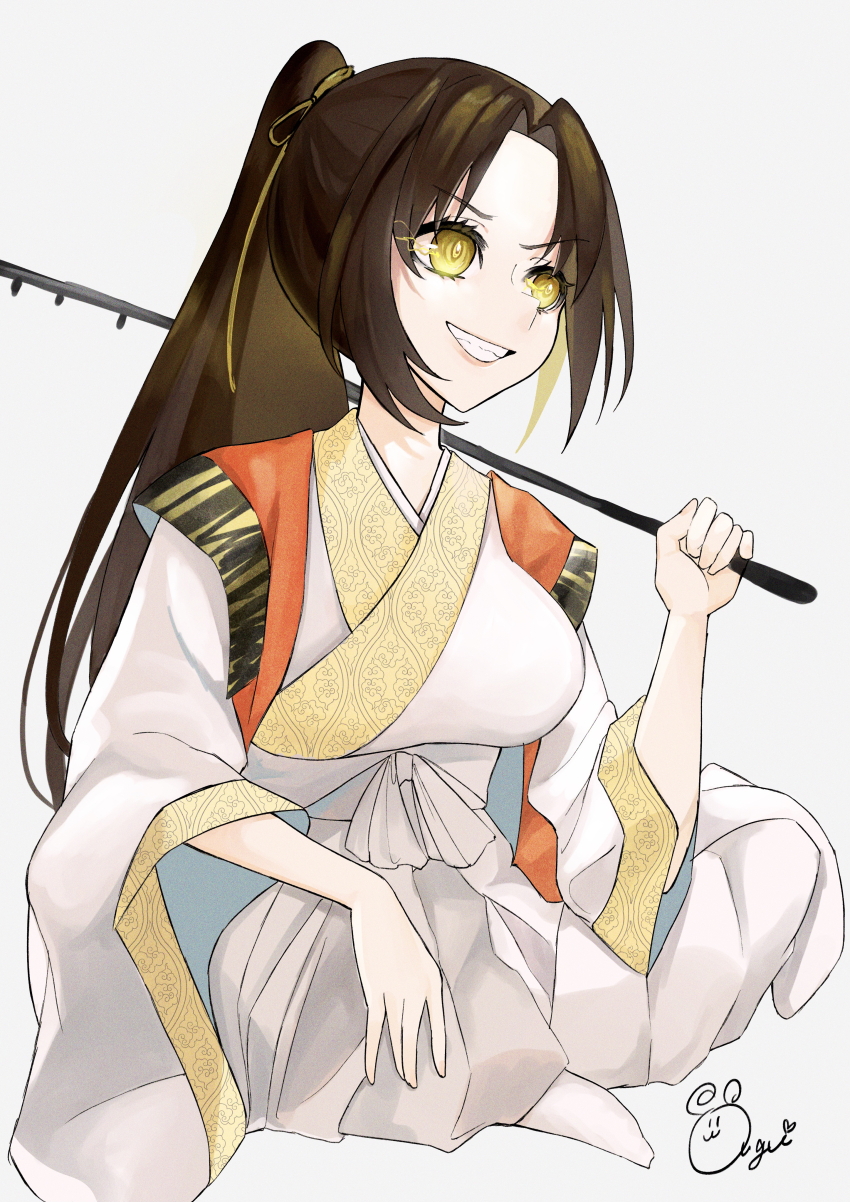 absurdres alternate_costume alternate_hair_color alternate_hairstyle blonde_hair breasts brown_hair crossed_legs eye_color_change femsub glowing_eyes hair_color_change kamen_rider kamen_rider_decade kamen_rider_den-o kimono kintaros large_breasts maledom multicolored_hair natsumi_hikari ougipanda07 ponytail possession simple_background sitting smile very_long_hair white_background yellow_eyes