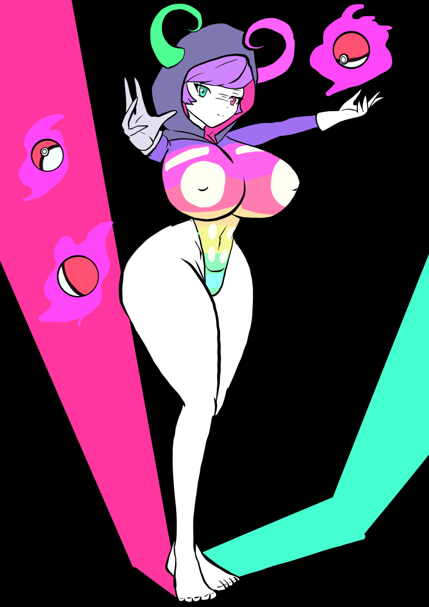admin_courtney barefoot breasts feet female_only femsub green_eyes heterochromia hoodie horns huge_breasts leotard malamar_outfit midori64you907 multicolored_eyes nintendo pink_eyes pokeball pokemon pokemon_omega_ruby_and_alpha_sapphire psychic purple_hair short_hair swimsuit zombie_walk