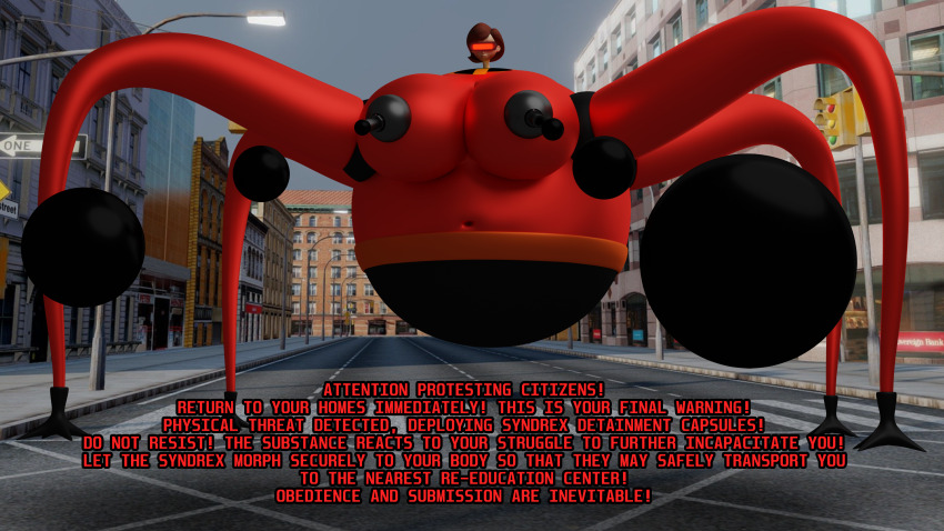 3d absurdres belt bodysuit brown_hair corruption dialogue disney drone dronification elastigirl english_text expressionless female_only femsub gloves helen_parr omnidroid outdoors pixar short_hair sleepyheadrequiem solo super_hero tech_control text the_incredibles transformation visor
