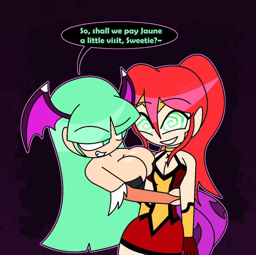 aware bare_shoulders breast_press breasts capcom cleavage crossover darkstalkers dialogue english_text female_only femdom femsub green_eyes green_hair happy_trance hypnoscream large_breasts long_hair morrigan_aensland ponytail pyrrha_nikos red_hair rwby smile smirk speech_bubble spiralwash_eyes succubus text wings