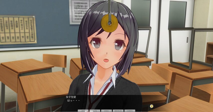 3d bangs black_hair classroom custom_maid_3d_2 dazed dialogue femsub grey_eyes japanese_text momo_usagi open_mouth original pendulum pov pov_dom school_uniform short_hair text tie