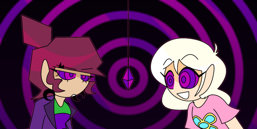 abbie_(mindwave) ahoge blonde_hair crystal earrings eyebrows_visible_through_hair eyelashes female_only femsub happy_trance heavy_eyelids hypnoscream jacket kaa_eyes leaning_forward mindwave multiple_girls multiple_subs pajamas pandora_(mindwave) pov_dom purple_eyes red_hair resisting ring_background smile tied_hair