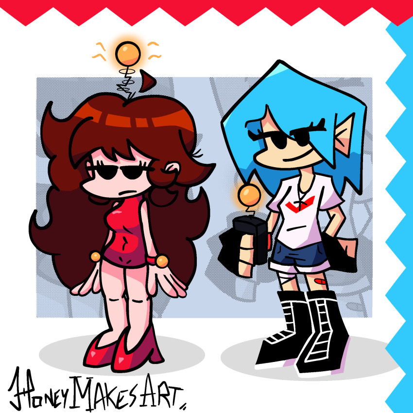 antenna blue_hair brown_hair clothed cyan_hair female_only femdom femsub friday_night_funkin&#039; girlfriend_(friday_night_funkin&#039;) honeymakesart long_hair looking_at_viewer nusky_(skyverse) remote_control simple_background skyverse standing tech_control