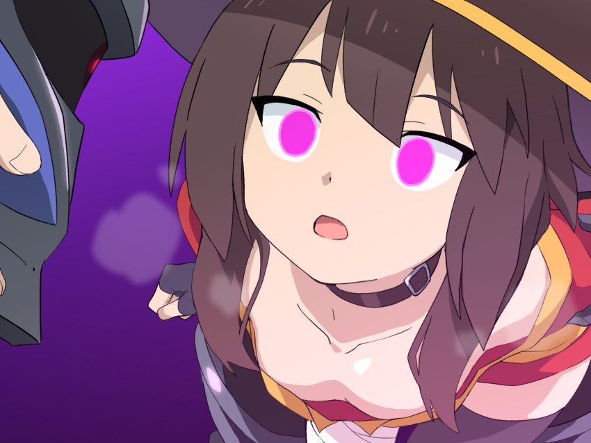 brown_hair choker expressionless femsub flat_chest glowing_eyes hat hitsugi_mc kono_subarashii_sekai_ni_shukufuku_wo! light_skin looking_at_viewer megumin_(konosuba) open_mouth pov_dom purple_background simple_background small_breasts steam witch_hat
