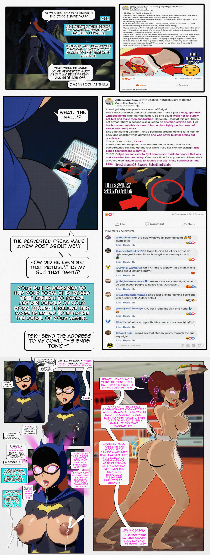 apron ass barbara_gordon batgirl bimbofication blonde_hair blue_eyes breasts clothed clothed_exposure dc_comics dialogue dogdog drool english_text erect_nipples erect_nipples_under_clothes female_only femsub kara_zor-el lactation lipstick milk multiple_girls naked_apron nipples nude one_eye_open orange_hair phone pink_eyes red_lipstick see-through spiral spiral_eyes supergirl symbol_in_eyes text torn_clothes tray waitress wink