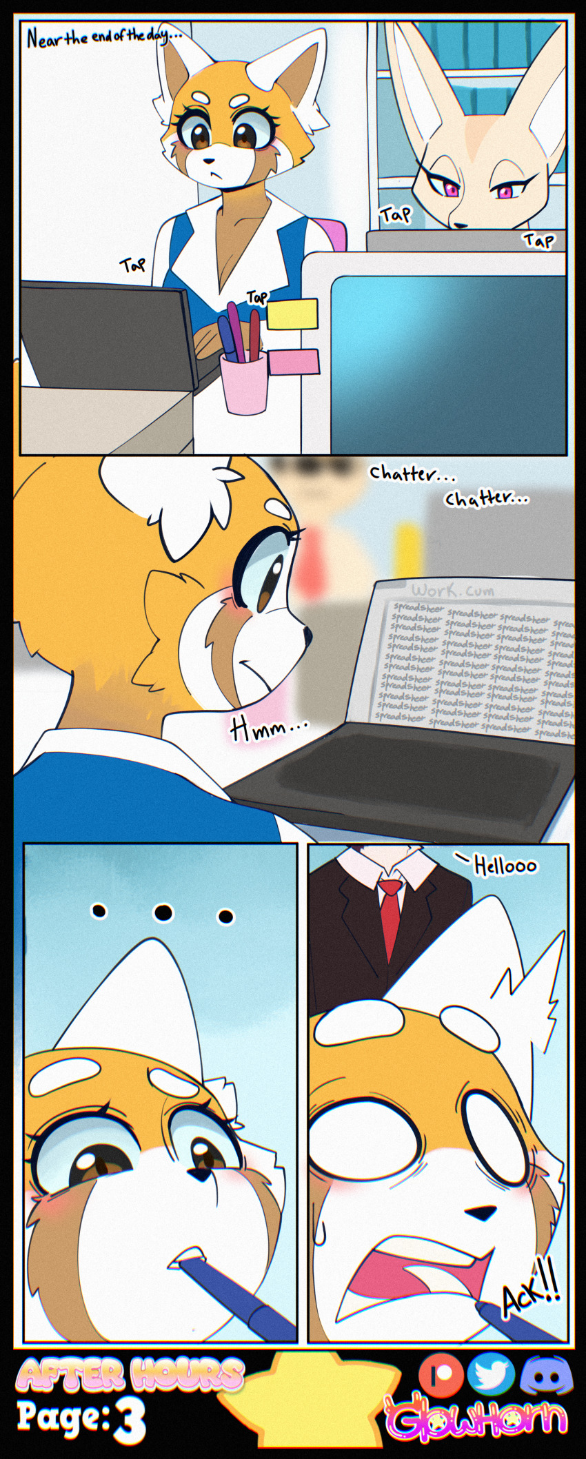 absurdres aggretsuko artifact_the_fox blush brown_eyes business_suit clothed comic computer corruption dialogue fennec_girl fenneko_(aggretsuko) fox_boy fox_girl furry glowhorn laptop office original pink_eyes red_panda_girl retsuko_(aggretsuko) simple_background suit surprised table tie