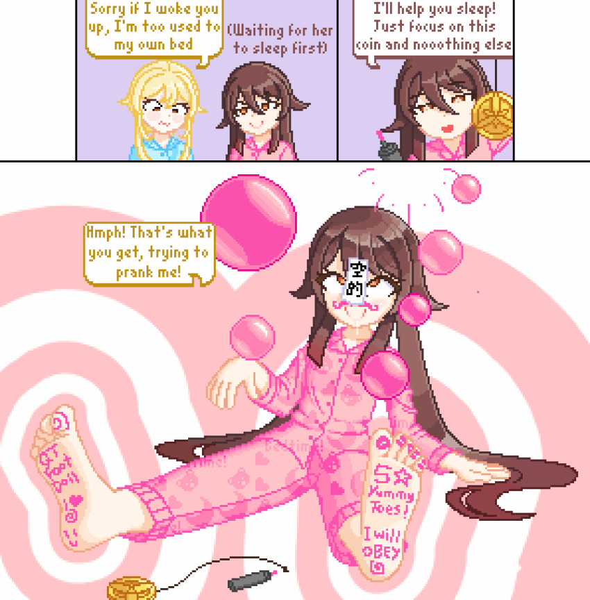 animated animated_gif blonde_hair body_writing brown_eyes brown_hair coin comic dialogue drool eye_roll fabius failed_hypnosis feet femdom femsub foot_focus genshin_impact happy_trance hu_tao_(genshin_impact) long_hair lumine_(genshin_impact) pajamas pixel_art sitting smile smug talisman text turning_the_tables twintails