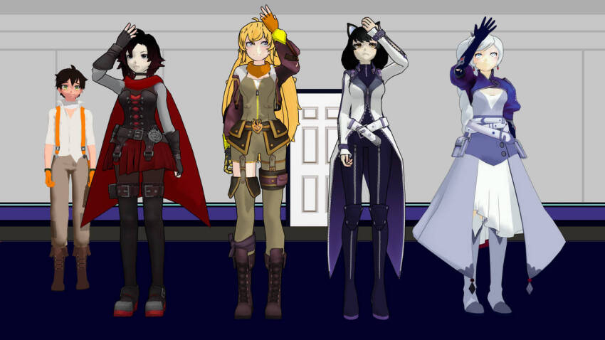 3d airmotor animal_ears arms_above_head belt belted_skirt black_hair blake_belladonna blonde_hair bodysuit cape cat_ears cat_girl choker cleavage_cutout clothed corset dress_shirt earrings femsub fingerless_gloves fur_coat gloves green_eyes grey_eyes jacket jewelry knee_pads long_hair maledom mmd multicolored_hair multiple_girls multiple_subs opera_gloves oscar_pine pale_skin pants prosthetic_limb purple_eyes red_hair ruby_rose rwby scarf shirt short_hair skirt standing suspenders thigh_boots thigh_heels tights traditional_hypnosis weiss_schnee yang_xiao_long yellow_eyes zipper