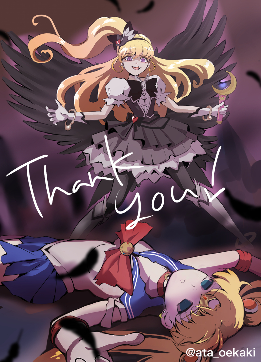 alternate_costume ata_oekaki aura blonde_hair breasts clothed corruption crossover cure_miracle defeated dress empty_eyes english_text evil_smile expressionless eye_color_change female_only femdom femsub glowing happy_trance hypnotized_dom large_breasts lying magic magic_wand magical_girl mahou_tsukai_precure mirai_asahina precure purple_eyes sailor_moon sailor_moon_(series) signature smile standing text very_long_hair weapon wings