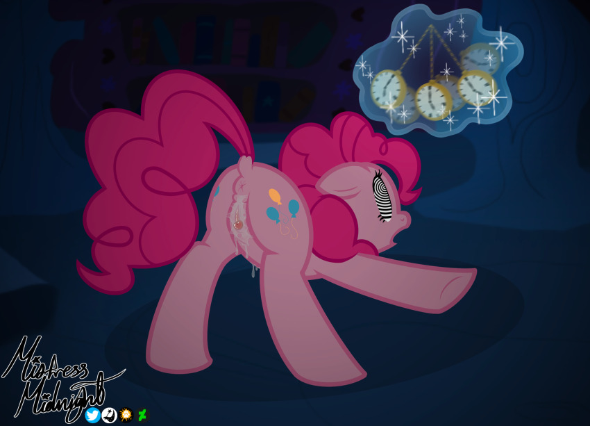 animals_only anus balloon femsub mistressmidnight my_little_pony open_mouth pink_hair pink_skin pinkie_pie pocket_watch pussy pussy_juice spiralwash_eyes