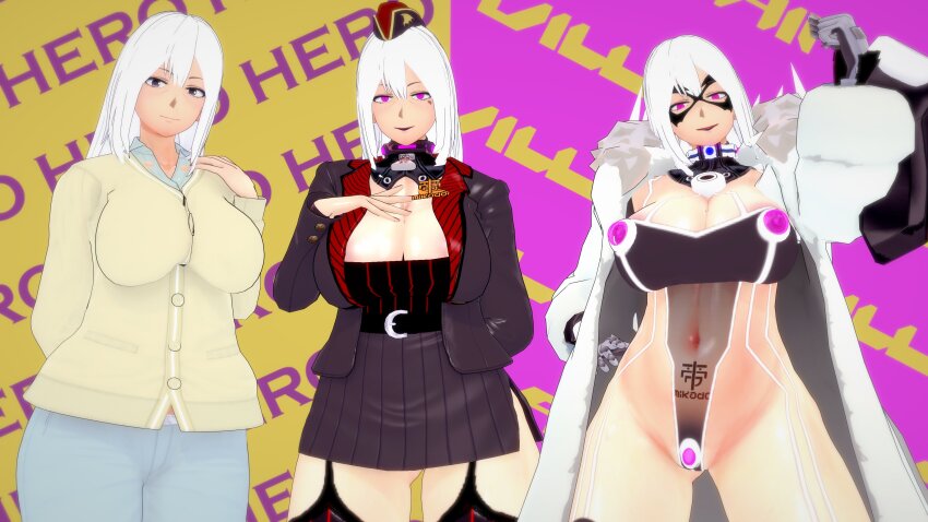 before_and_after black_eyes clothed clothed_exposure corruption enemy_conversion female_only femsub long_hair milf my_hero_academia pengi13 pink_eyes rei_todoroki solo white_hair