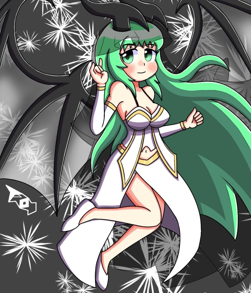 alternate_color_scheme alternate_costume alternate_form alternate_hair_color arm_warmers bahamut_(final_fantasy) bare_legs bare_shoulders blush breasts cleavage consensual dark_fina dragon_girl embarrassed femsub fina final_fantasy final_fantasy_brave_exvius floating fusion green_eyes green_hair horns legs long_hair looking_back midriff navel possession square_enix tronworks veil wings