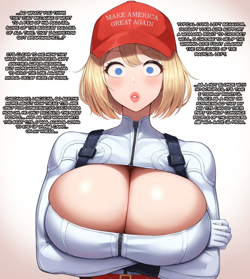 ai_art blonde_hair blue_eyes cleavage cleavage_cutout corruption dc_comics femsub hat huge_breasts humor large_breasts politics power_girl spiral_eyes super_hero tagme tiechonortheal_(manipper)