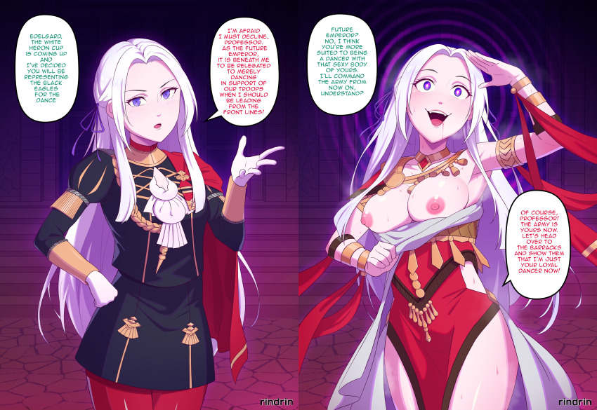 absurdres arm_bands armpits bare_breasts bare_legs bare_shoulders before_and_after blush bracelet breasts chains choker clothed_exposure dancer dialogue dress drool edelgard_von_hresvelg erect_nipples exposed_chest femsub fire_emblem fire_emblem_three_houses gloves glowing glowing_eyes hair_ribbon happy_trance necklace nintendo nipples open_mouth pink_hair purple_eyes rind_rin00 ruined_life saluting skirt smile speech_bubble spiral spiral_background standing sweat text very_long_hair white_hair wide_hips