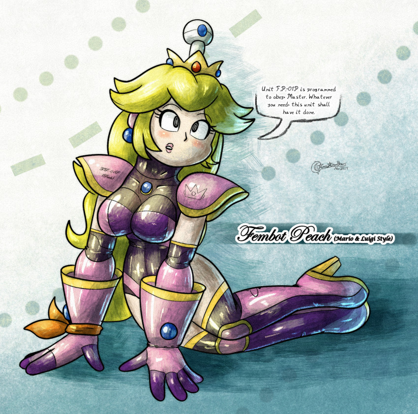 alternate_costume ameerashourdraws antenna black_eyes blonde_hair clothed costume crown drone fembot femsub gloves latex leotard lipstick nintendo opera_gloves posed princess_peach robot rubber super_mario_bros. tech_control text thigh_boots thighhighs