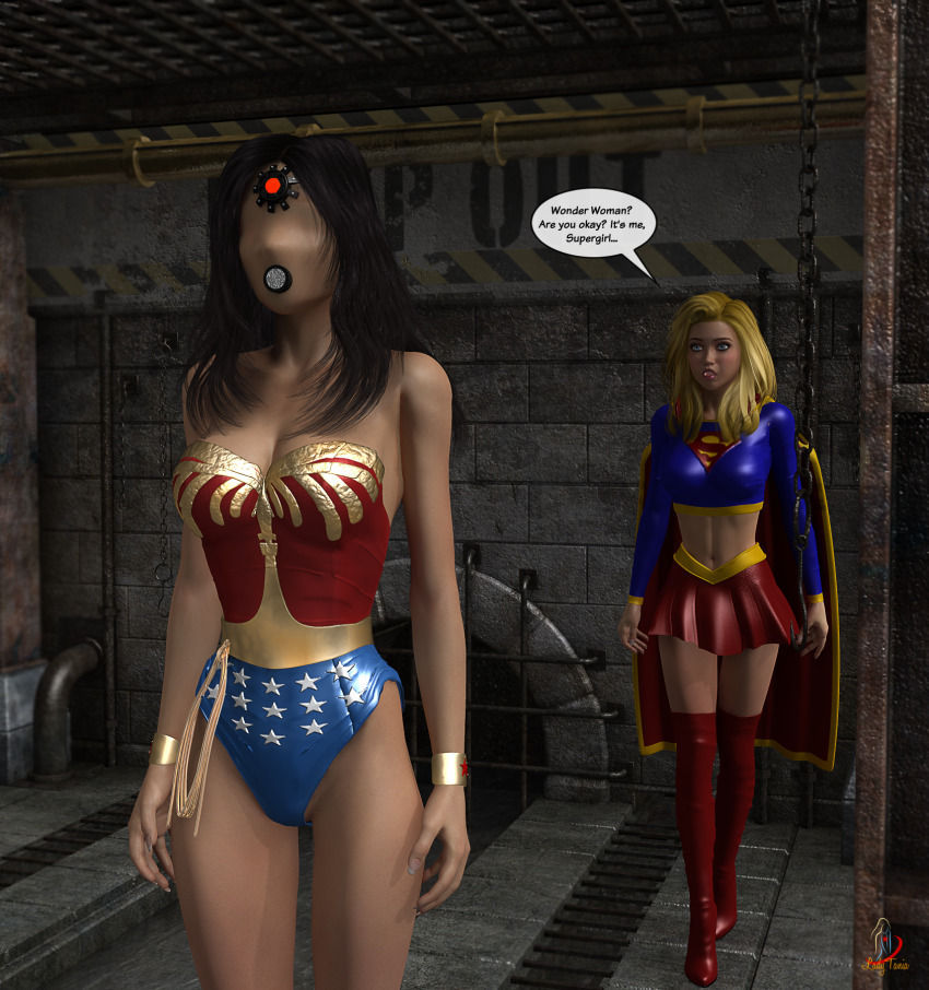 3d bare_shoulders black_hair blonde_hair blue_eyes boots cape cleavage cuffs dc_comics dialogue dildo_gag doll drone faceless femsub gag ladytania leotard long_hair mask microchip midriff navel open_mouth speech_bubble standing standing_at_attention super_hero supergirl text thigh_boots thighhighs watermark wonder_woman