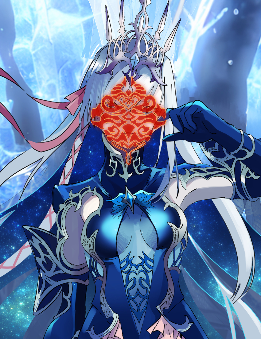 alternate_color_scheme alternate_costume alternate_hair_color blue_eyes breasts control_indicator corruption crown femsub final_fantasy final_fantasy_xiv gloves grey_hair hair_color_change hair_ribbon koperyne long_hair looking_at_viewer mitron possession ribbon ryne shiva_(final_fantasy) spoilers square_enix