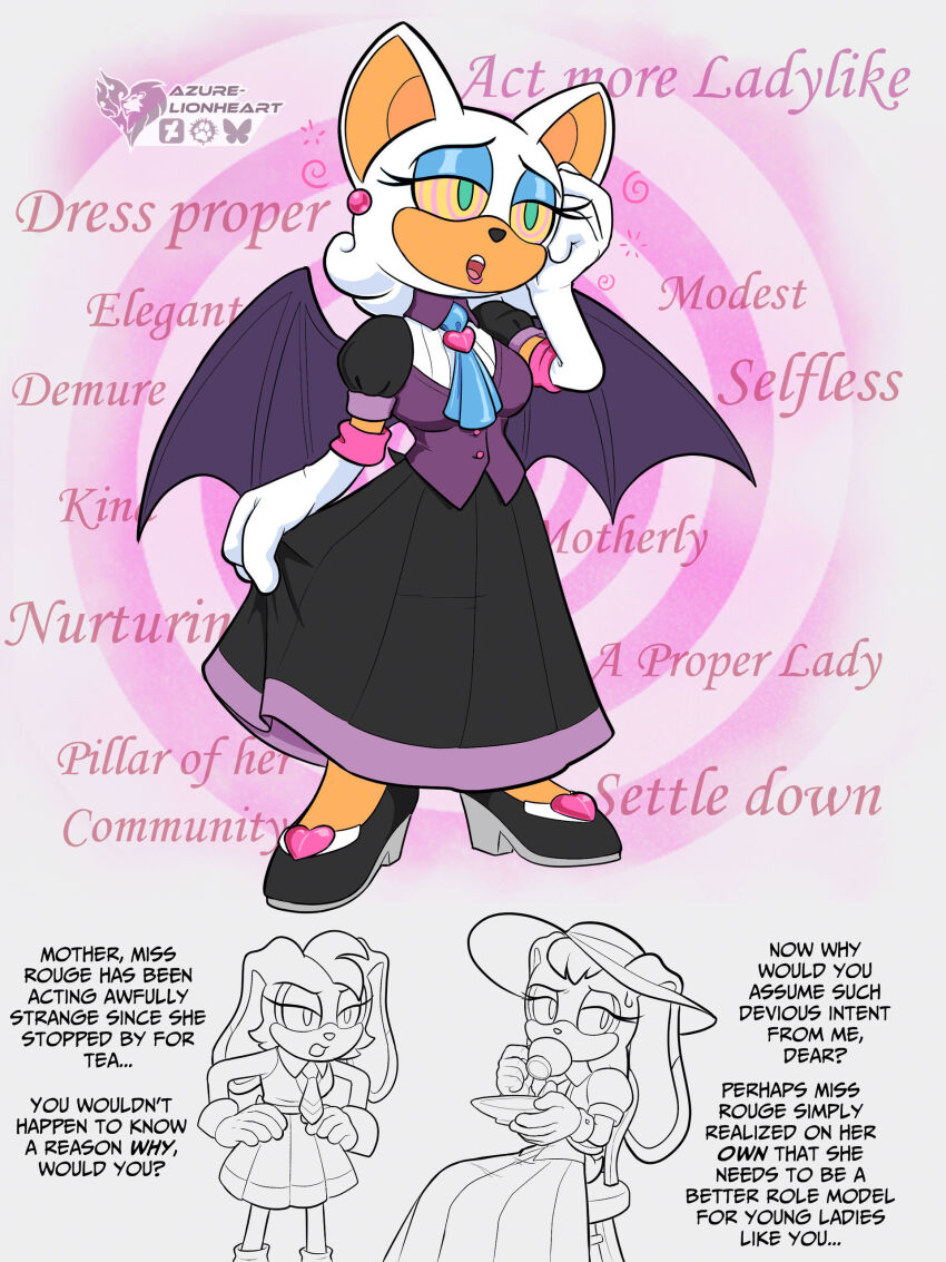 alternate_hairstyle azure-lionheart bat_girl bat_wings breasts bunny_girl clothed cream_the_rabbit dress english_text eyeshadow femdom femsub furry green_eyes high_heels long_skirt purification rouge_the_bat skirt sonic_the_hedgehog_(series) spiral_background spiral_eyes text vanilla_the_rabbit white_hair wings