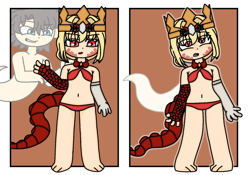 alternate_form aura bare_legs bare_shoulders barefoot bikini bikini_bottom bikini_top black_hair blonde_hair blue_eyes brown_background crown evil_smile fate/grand_order fate_(series) femsub ghost gloves maledom midriff navel opera_gloves possession pursborg queen_draco red_eyes ritsuka_fujimaru_(male) sequence short_hair simple_background smile standing tail