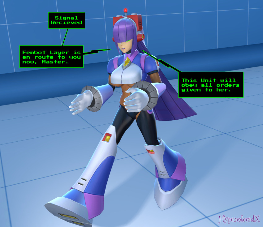 3d antenna dialogue fembot femsub hypnolordx large_breasts layer long_hair megaman_(series) megaman_x_(series) purple_hair spiral_eyes tech_control text