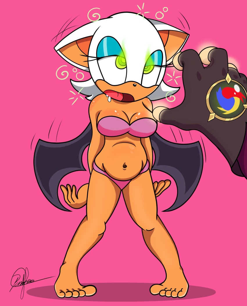 absurdres alternate_costume bare_legs bare_shoulders barefoot bat_girl bra cleavage dazed drool eye_color_change feet femsub fingerless_gloves furry gloves glowing_eyes idw_comics large_breasts legs maledom midriff navel pandroso panties purple_background rouge_the_bat simple_background sonic_the_hedgehog_(series) sparkle standing starline symbol underwear wings yellow_eyes