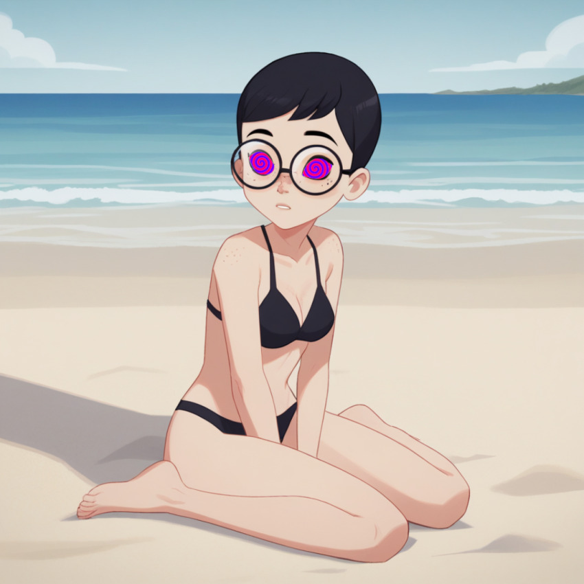 ai_art bare_legs beach bikini bikini_bottom bikini_top black_bra black_panties carmen_sandiego glasses julia_argent_(carmen_sandiego) leaf_(artist) midriff short_hair sitting small_breasts solo spiral spiral_eyes spiralwash_eyes swimsuit symbol_in_eyes zupern0va_(manipper)