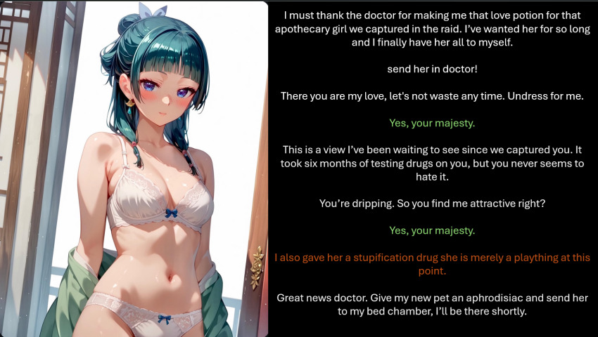 ai_art aphrodisiac brain_drain femsub green_hair love_potion manip maomao midriff pov_dom text the_apothecary_diaries white_panties