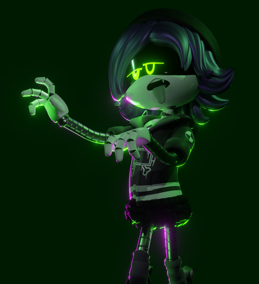 beanie blender choker fangs femsub goth green_background green_eyes hoodie hypnotic-ink murder_drones open_mouth purple_hair simple_background solo tongue_out uzi_doorman zombie_walk