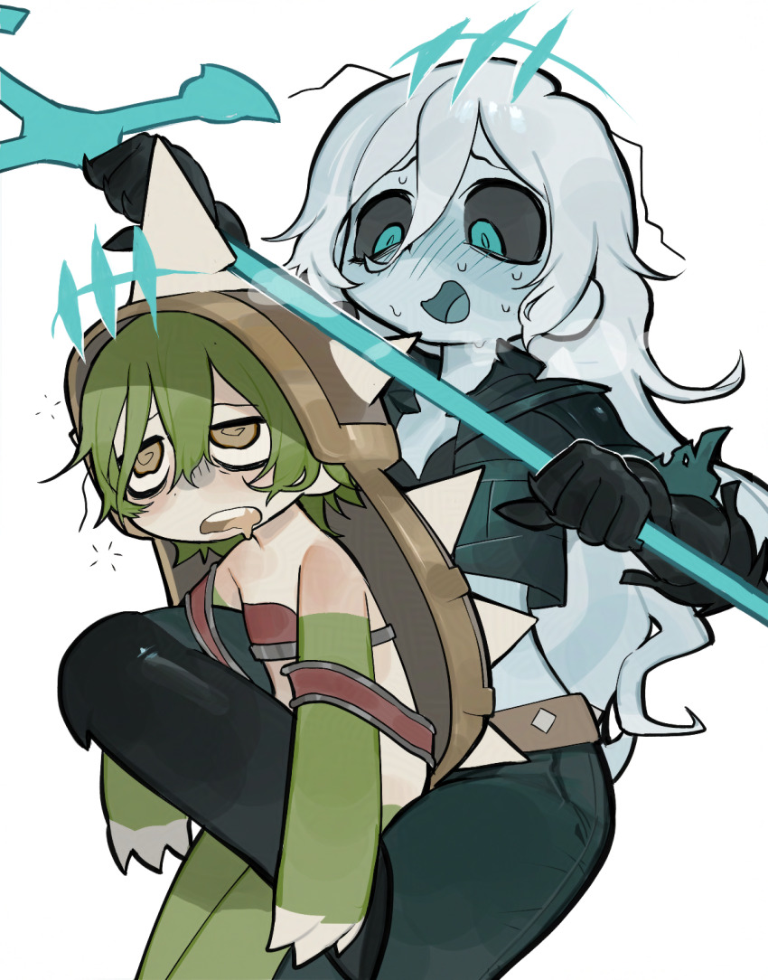 alternate_form alternate_hairstyle bare_shoulders black_sclera blue_eyes blush bnm6517_(ddalddalddaldal) bra breasts carrying cleavage clothed control_indicator crown dazed drool femdom genderswap green_hair league_of_legends legs_up long_hair malesub open_mouth pale_skin pants rammus_(league_of_legends) royalty ruination simple_background spiralwash_eyes sweat sword symbol very_long_hair viego_(league_of_legends) weapon white_background white_hair