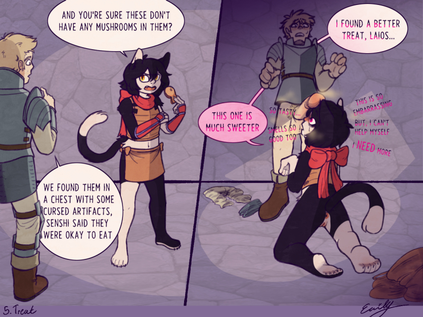 accidental_hypnosis anus bottomless cat_girl delicious_in_dungeon femsub furry hypnovember izutsumi_(delicious_in_dungeon) kneeling laios_touden maledom mxsac penis pussy