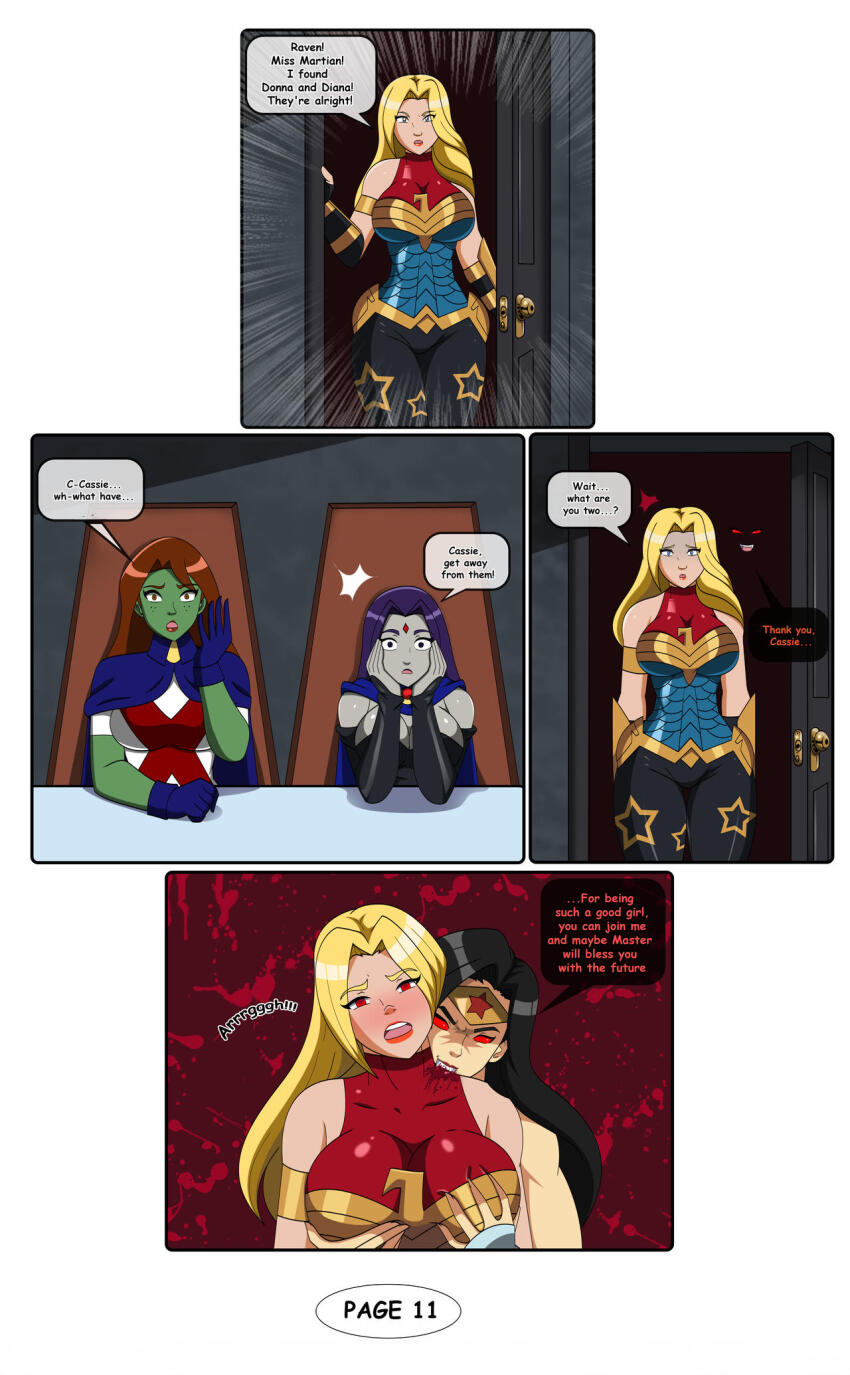 bare_shoulders biting black_hair blonde_hair blood blue_eyes breast_grab brown_hair cassie_sandsmark cleavage comic dc_comics dialogue dlobo777 fangs female_only femsub green_skin grey_skin miss_martian purple_hair raven red_eyes red_hair super_hero teen_titans text vampire wonder_girl wonder_woman young_justice