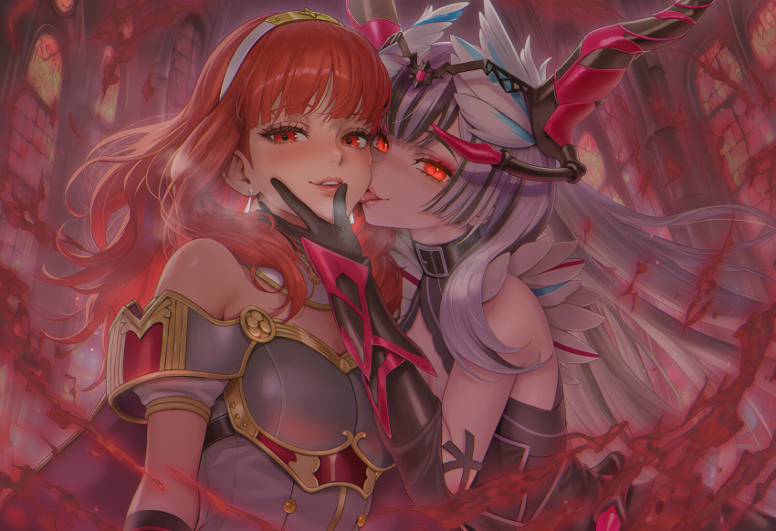 ai_art aura bare_shoulders black_hair blush celica_(fire_emblem) chin_hold corruption crown dragon_girl duma_(fire_emblem) eye_color_change femsub fire_emblem fire_emblem_echoes fire_emblem_engage fire_emblem_heroes happy_trance hypnotic_accessory licking looking_at_viewer maledom multicolored_hair nintendo orange_hair possession princess red_eyes royalty slit_pupils smile sub_on_sub thouart_i_(generator) veyle_(fire_emblem) white_hair yuri