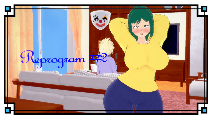 3d arms_above_head blonde_hair clothed cover e-chan english_text femsub green_eyes green_hair inko_midoriya mask milf mitsuki_bakugo multiple_girls my_hero_academia possession short_hair text