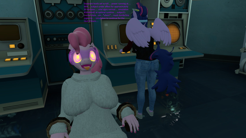 3d absurdres bondage breasts clothed female_only femdom femsub furry happy_trance horse_girl kombatchampion large_breasts multicolored_hair my_little_pony open_mouth pink_hair pinkie_pie purple_hair smile tech_control text tongue tongue_out twilight_sparkle visor western wings