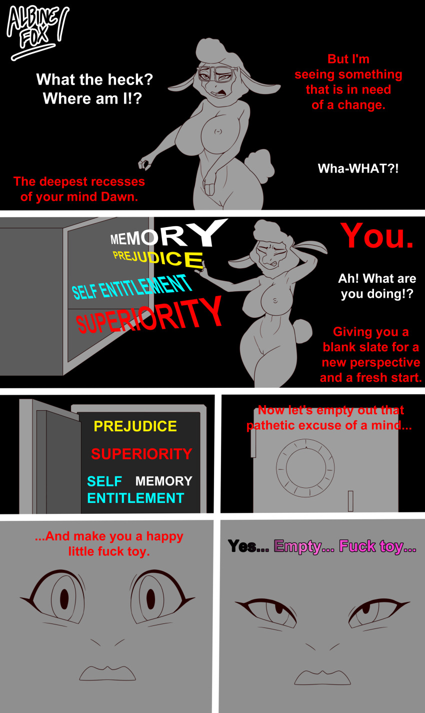 albinefoxxo brain_drain comic confused dawn_bellwether furry glasses happy_trance hypnotic_audio mantra memory_alteration nude sheep_girl text zootopia