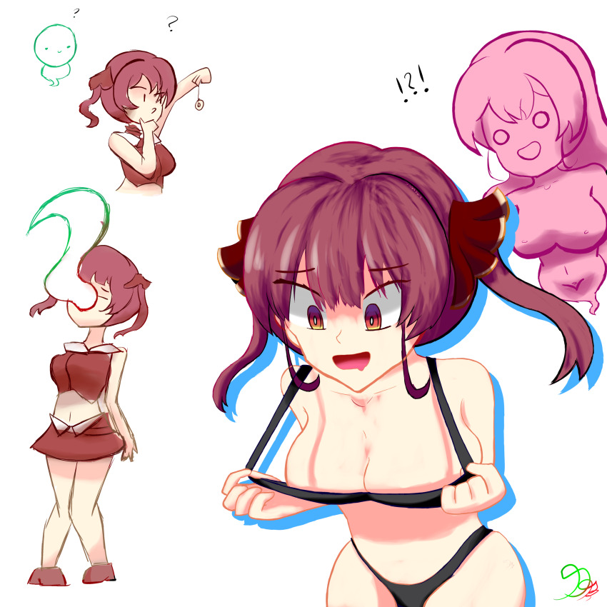 absurdres alternate_costume androgynous_dom aware bare_legs bare_shoulders bra breasts brown_eyes cleavage closed_eyes confused danderbuns drool femsub ghost hololive leaning_forward legs marine_houshou midriff multicolored_eyes navel open_mouth oral orange_eyes panties pendulum possession red_hair shoes short_hair simple_background skirt standing surprised symbol white_background yellow_eyes