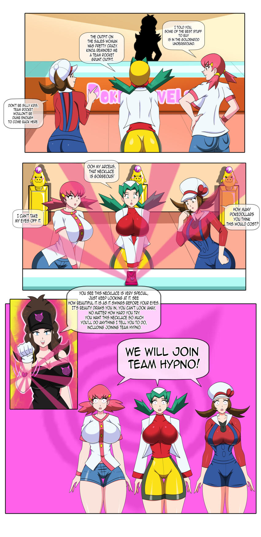 ass brown_hair comic dialogue dlobo777 empty_eyes femsub green_hair happy_trance hilda hypnotized_hypnotist kris large_breasts lyra_(pokemon) nintendo pink_hair pokemon team_hypno text whitney