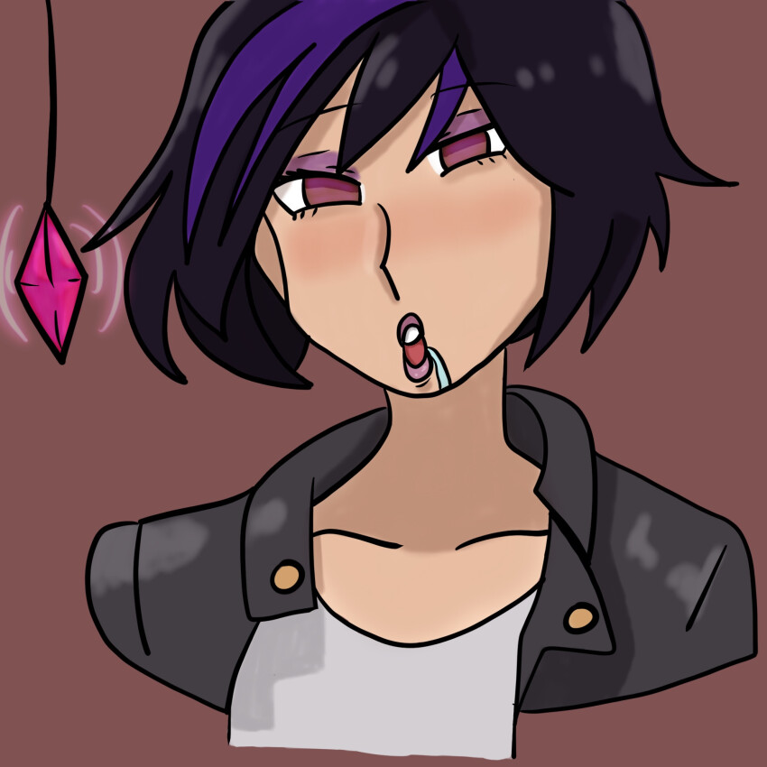 big_hero_6 black_hair clothed crystal dazed drool eyeshadow female_only femsub glowing_eyes gogo_tomago jacket makeup open_mouth purple_hair shysketches