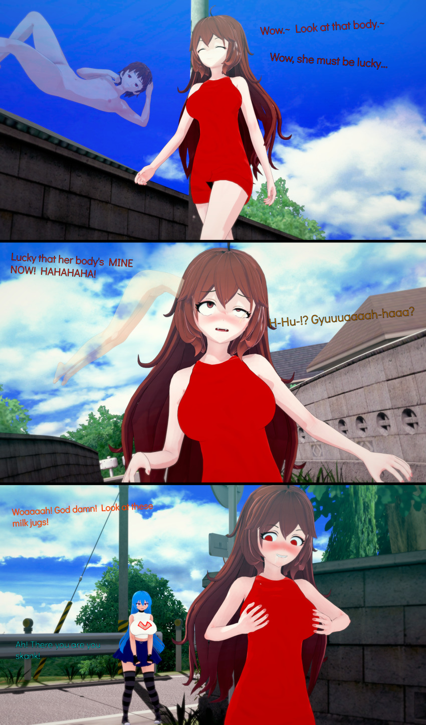 3d absurdres blue_hair brain_injection breast_fondling breasts brown_eyes brown_hair character_request closed_eyes cyanstargazer dress drool femsub friday_night_funkin&#039; ghost ghost_boy girlfriend_(friday_night_funkin&#039;) groping koikatsu! large_breasts maledom multiple_girls outdoors plant possession red_eyes skyblue_(skyverse) text trees